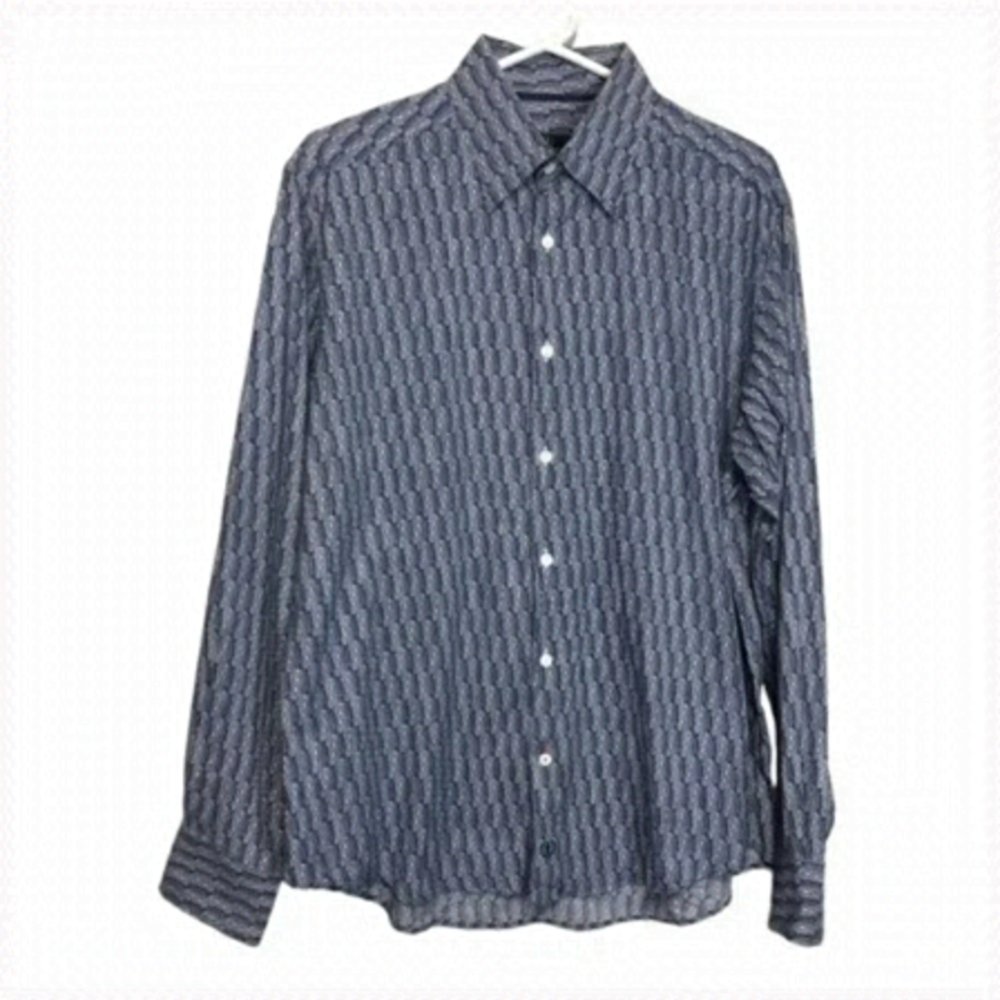 Bugatchi Long Sleeve Geometric Print Navy Button Up Shirt, size M